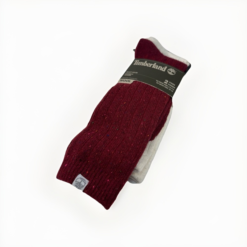 Timberland Women's  Wool Boots Socks Two Pairs Wool 6.5–9.5 Cream Red Gorpcore‎